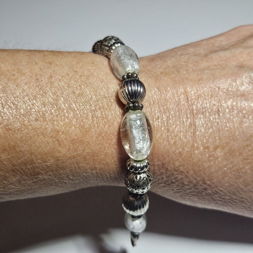 Silver Tone And Clear Beaded Medical Alert Stretch Bracelet 6"